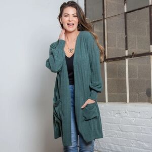 Elsie & Zoey Jersey Knit Bishop Sleeve Ribbed Cardigan Front Pockets Size L/XL